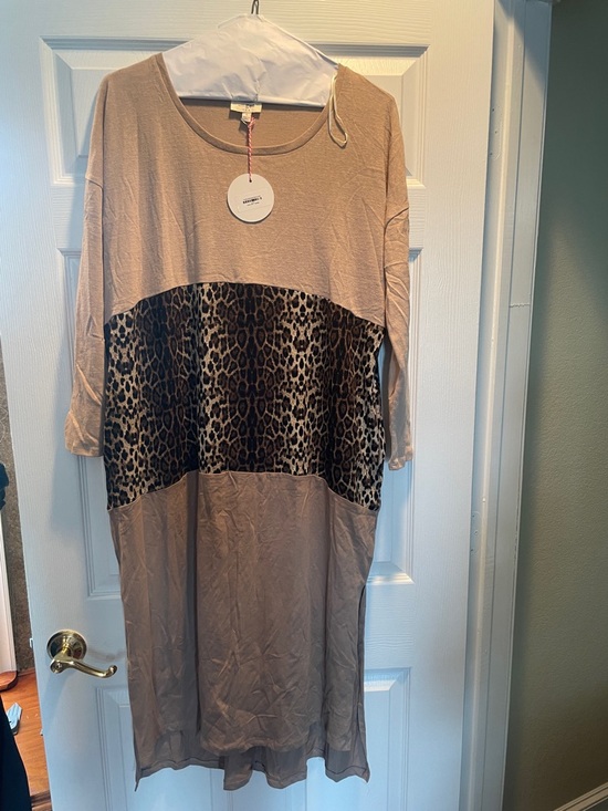 Umgee Dresses & Skirts - Umgee Beige Long Sleeve Dress with Leopard print panel